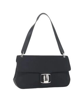 Vintage Salvatore Ferregamo Black Vara Flap Logo Bag with Silver Buckle